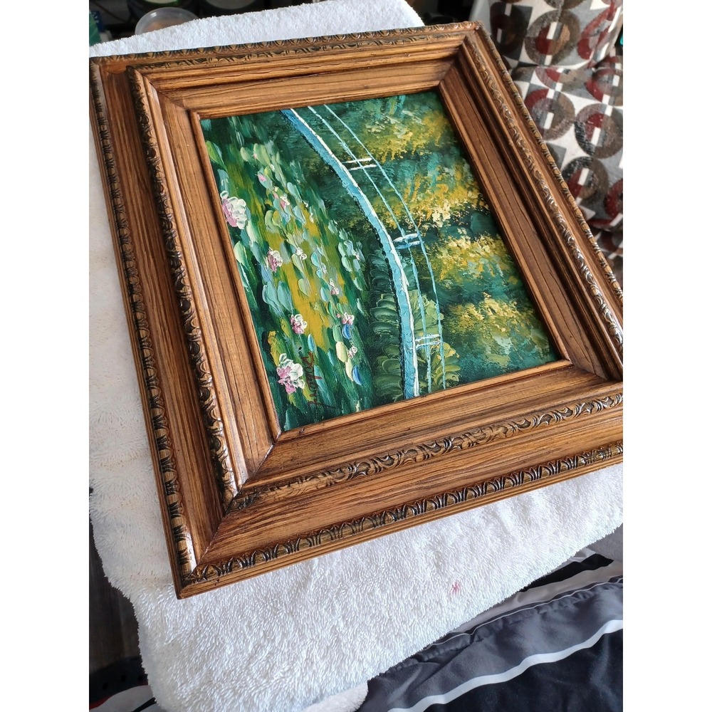 Dubert Water Lily Garden Bridge Green Oil Painting Signed Framed 8x10 Canvas - Picture 4 of 6